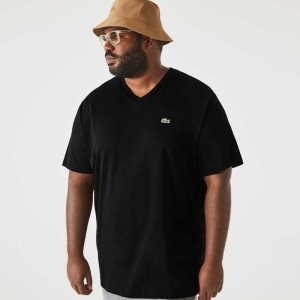 Lacoste Big Fit V-Neck Jersey Svarte | 4128-ESCQL