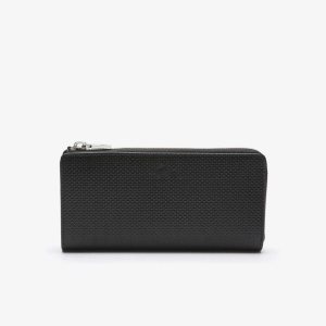 Lacoste Chantaco Zippered Matte Pique Lær Wallet Svarte | 8015-ITHKR