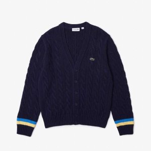 Lacoste Classic Fit Contrast Stripete Cardigan Marineblå Blå Gul Blå | 5274-ULDEK