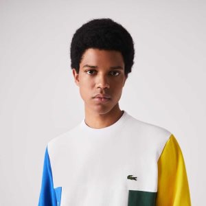 Lacoste Crew Neck Colorblock Bomull Fleece Hvite Blå Gul Grønn | 7524-MEALZ