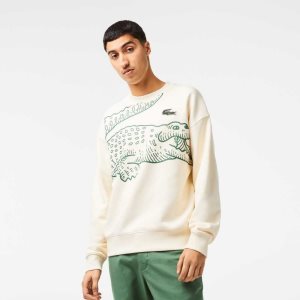 Lacoste Crew Neck Loose Fit Croc Print Hvite | 6251-JCFHW