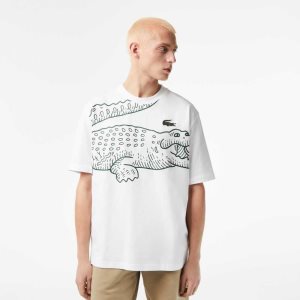 Lacoste Crew Neck Loose Fit Crocodile Print Hvite | 0281-GXRYE