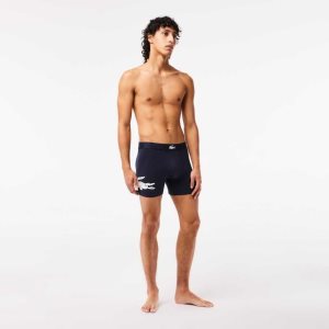 Lacoste Crocodile Liv Long Stretch Bomull Bokser Brief 3-Pack Marineblå Blå Hvite Grå Marineblå Blå | 3651-YUMSR