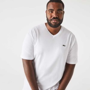 Lacoste Høye Fit Ribbet V-Neck Bomull Polo Hvite | 9657-JHUDP