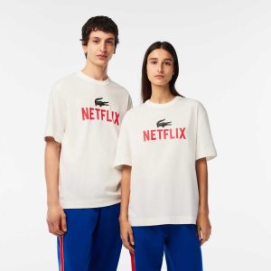 Lacoste Netflix Loose Fit Organic Bomull T-Shirt Hvite | 4573-JCALG