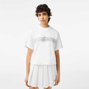 Lacoste Oversized Net Print Jersey T-Shirt Hvite | 3807-NUREF