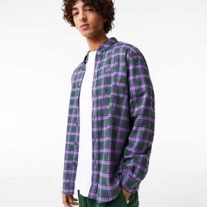 Lacoste Regular Fit Check Print Flannel Grønn Lilla Beige | 6145-KTQLB