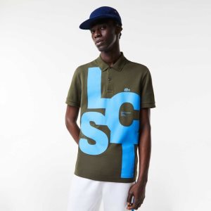 Lacoste Regular Fit Contrast Lettering Petit Pique Khaki Grønn | 7815-LAGRQ