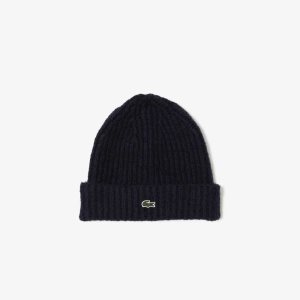 Lacoste Ribbet Knit Beanie Marineblå Blå | 9453-KTXLS