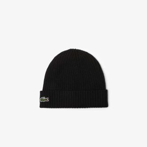 Lacoste Ribbet Ull Beanie Svarte | 6409-GBQAH