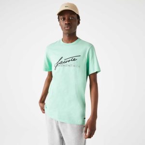 Lacoste Signature And Crocodile Print Crew Neck Bomull Grønn | 0715-BENWG