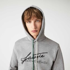 Lacoste Signature Flecked Bomull Fleece Hoodie Grå | 3951-MFNXG