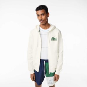 Lacoste Unbrushed Fleece Zipped Hoodie Hvite | 7645-UJDYB