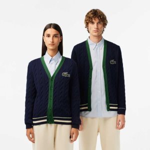 Lacoste V-Neck Cable Knit Organic Bomull Cardigan Marineblå Blå Hvite | 5418-AFMLC