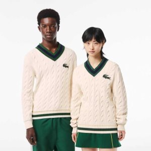 Lacoste V-Neck Cable Knit in Organic Bomull Hvite | 0941-OYQBT