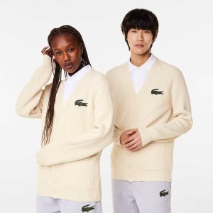 Lacoste V-Neck Organic Bomull Cardigan Hvite | 8136-DQZUS