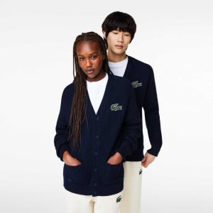 Lacoste V-Neck Organic Bomull Cardigan Marineblå Blå | 5741-LZHCQ