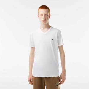 Lacoste V-Neck Pima Bomull Jersey Hvite | 4508-NDGXJ