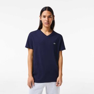 Lacoste V-Neck Pima Bomull Jersey Marineblå Blå | 7142-TXKEO