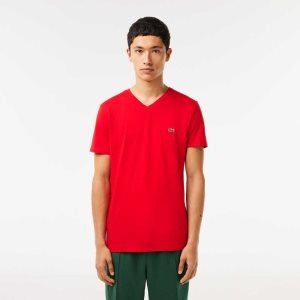 Lacoste V-Neck Pima Bomull Jersey Rød | 3567-GKDBM