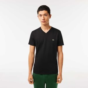 Lacoste V-Neck Pima Bomull Jersey Svarte | 9352-DNEUG