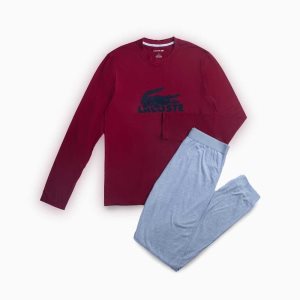 Lacoste Velvet Logo Long Pajama Set Burgunder Mørke Grå Grå | 6857-HJSTK