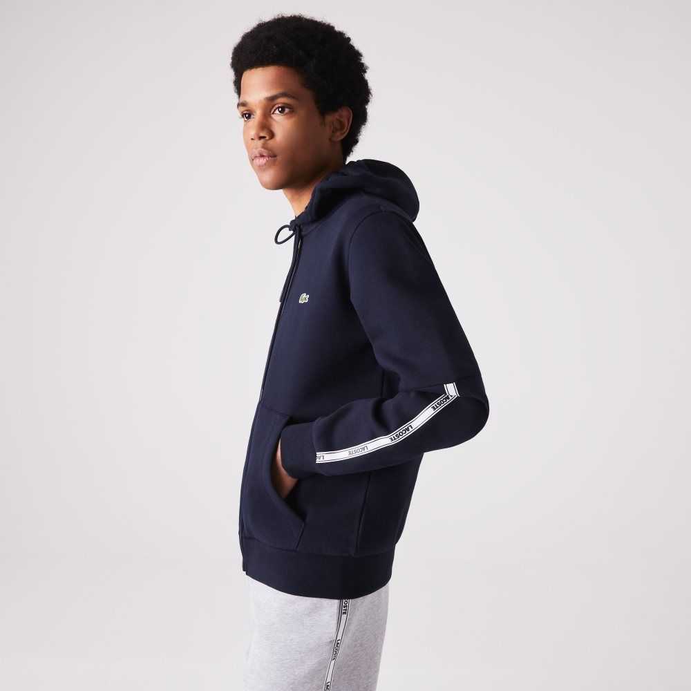 Lacoste Branded Bands Zippered Fleece Hoodie Marineblå Blå | 2570-KBWOA