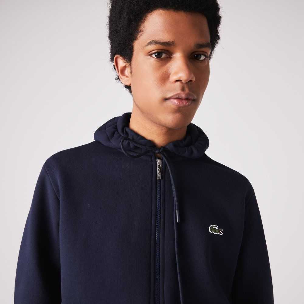 Lacoste Branded Bands Zippered Fleece Hoodie Marineblå Blå | 2570-KBWOA