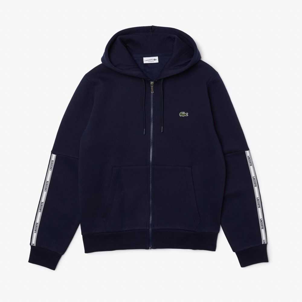 Lacoste Branded Bands Zippered Fleece Hoodie Marineblå Blå | 2570-KBWOA