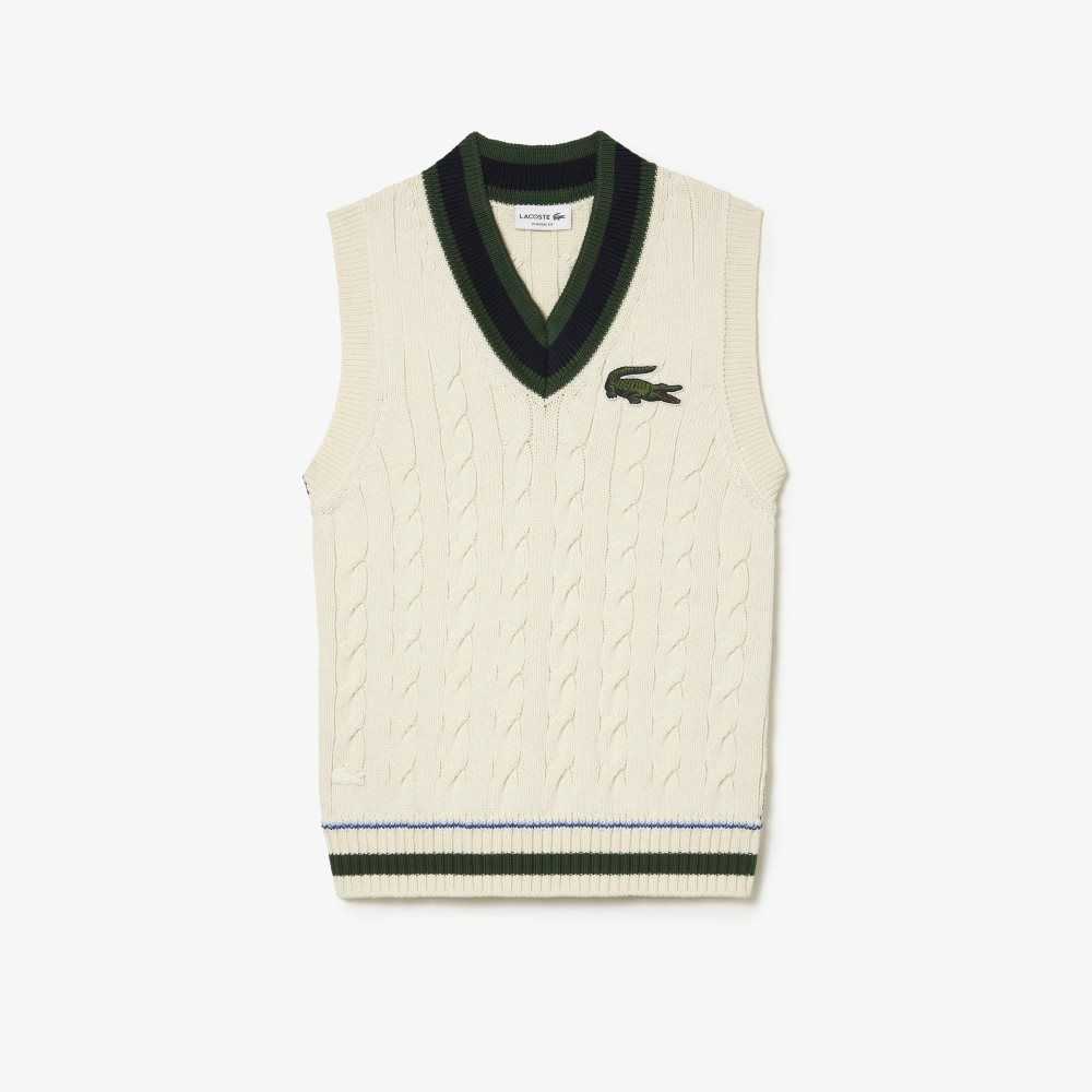 Lacoste Cable Knit Vest in Organic Bomull Hvite | 3926-OHTYV