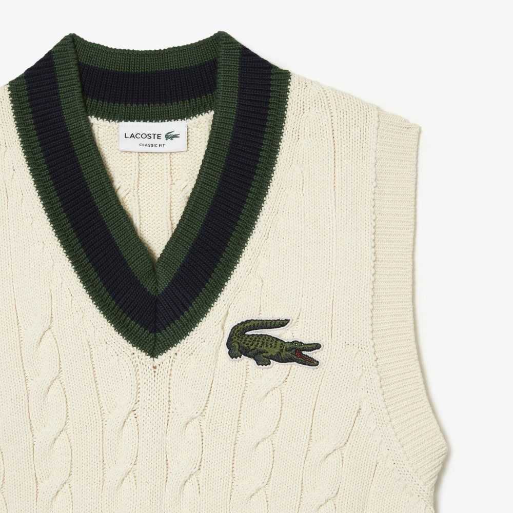 Lacoste Cable Knit Vest in Organic Bomull Hvite | 3926-OHTYV