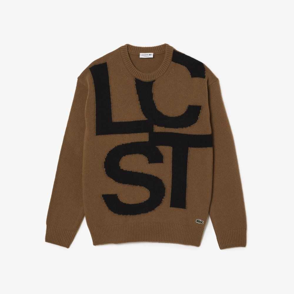 Lacoste Classic Fit Contrast Lettering Ull Brune Svarte | 3561-TZCMF