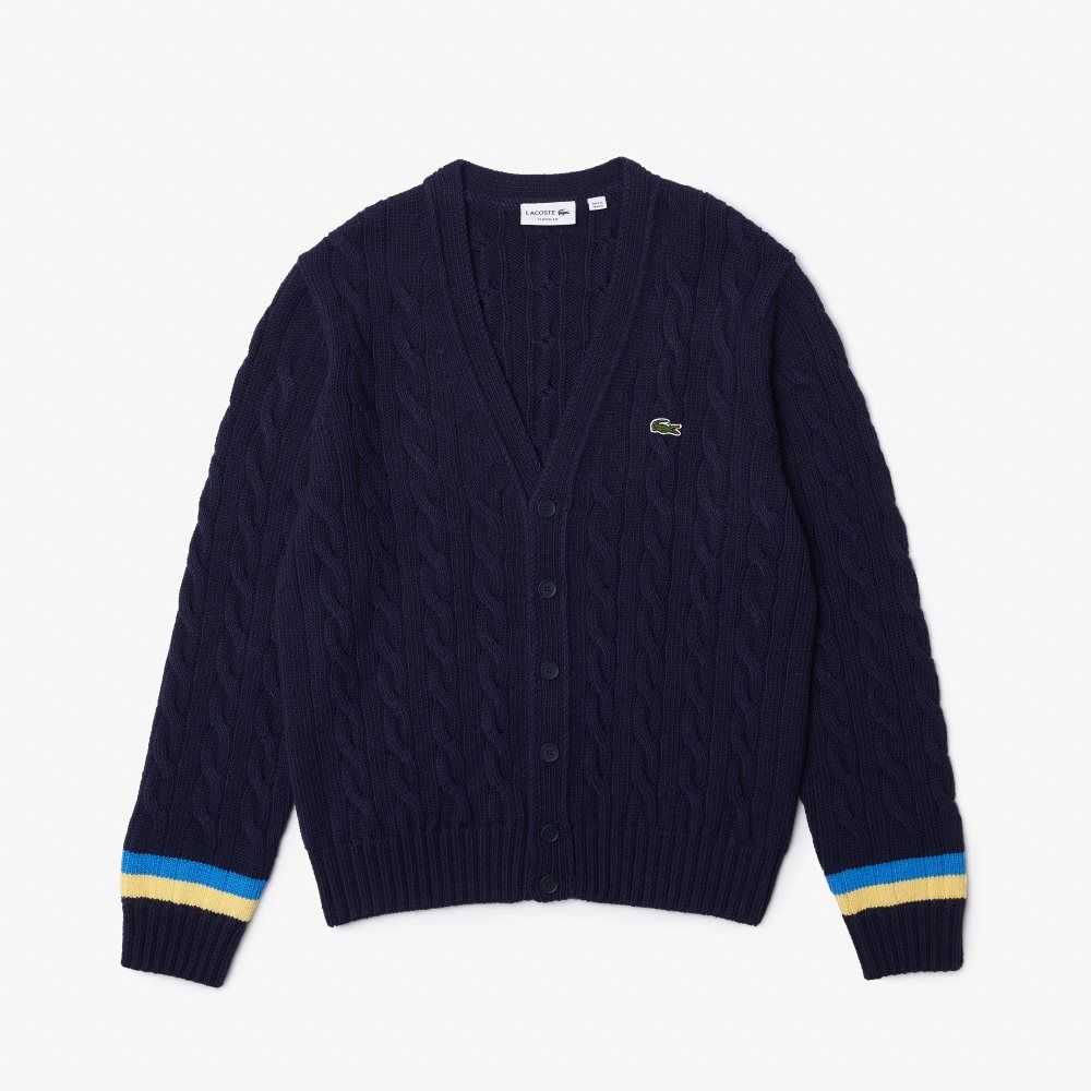 Lacoste Classic Fit Contrast Stripete Cardigan Marineblå Blå Gul Blå | 5274-ULDEK