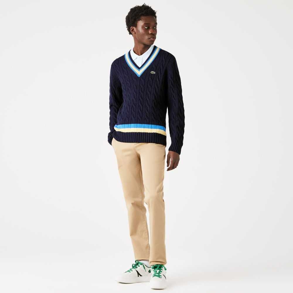 Lacoste Classic Fit Contrast Stripete Ull Marineblå Blå Gul Blå | 4351-OYJZA