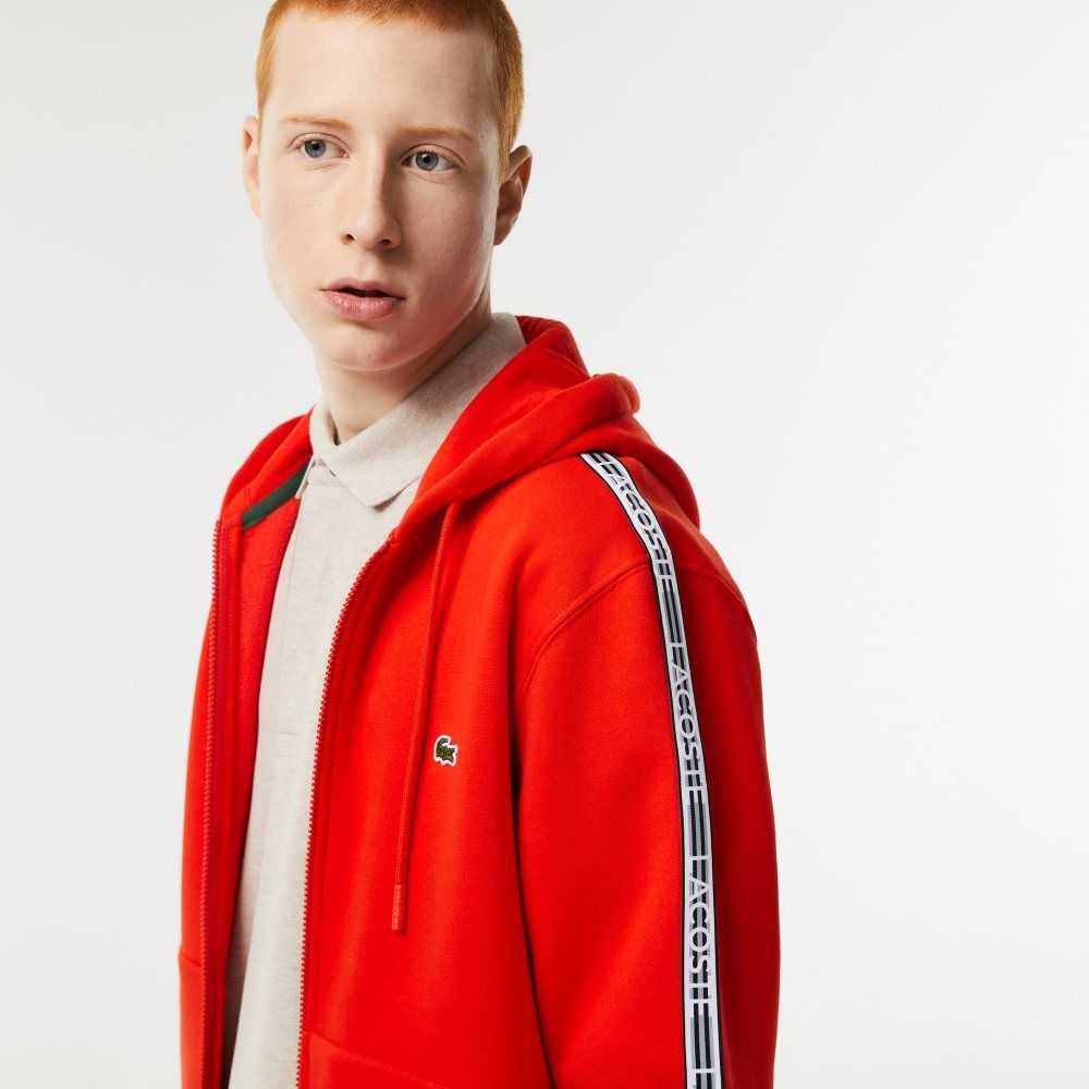 Lacoste Classic Fit Zipped Hoodie with Brand Stripes Rød | 1748-QAMJB