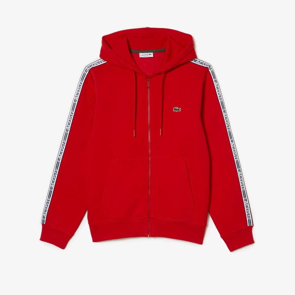 Lacoste Classic Fit Zipped Hoodie with Brand Stripes Rød | 1748-QAMJB