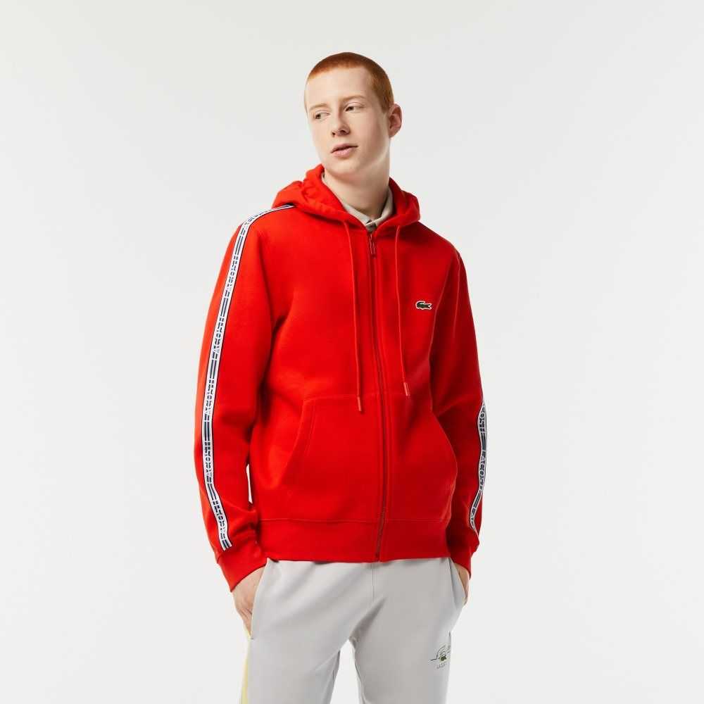 Lacoste Classic Fit Zipped Hoodie with Brand Stripes Rød | 1748-QAMJB