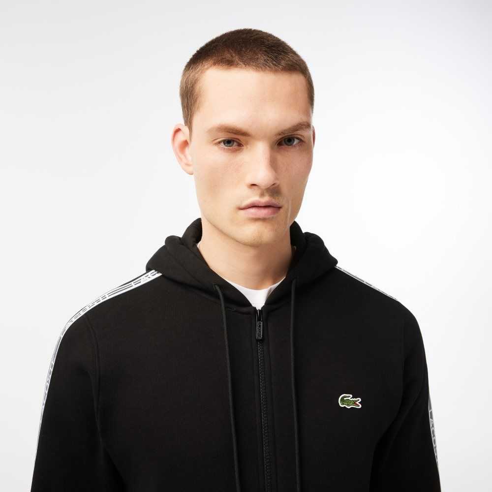 Lacoste Classic Fit Zipped Hoodie with Brand Stripes Svarte | 8160-INZOC