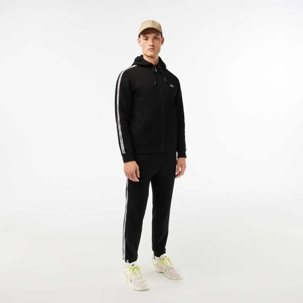 Lacoste Classic Fit Zipped Hoodie with Brand Stripes Svarte | 8160-INZOC