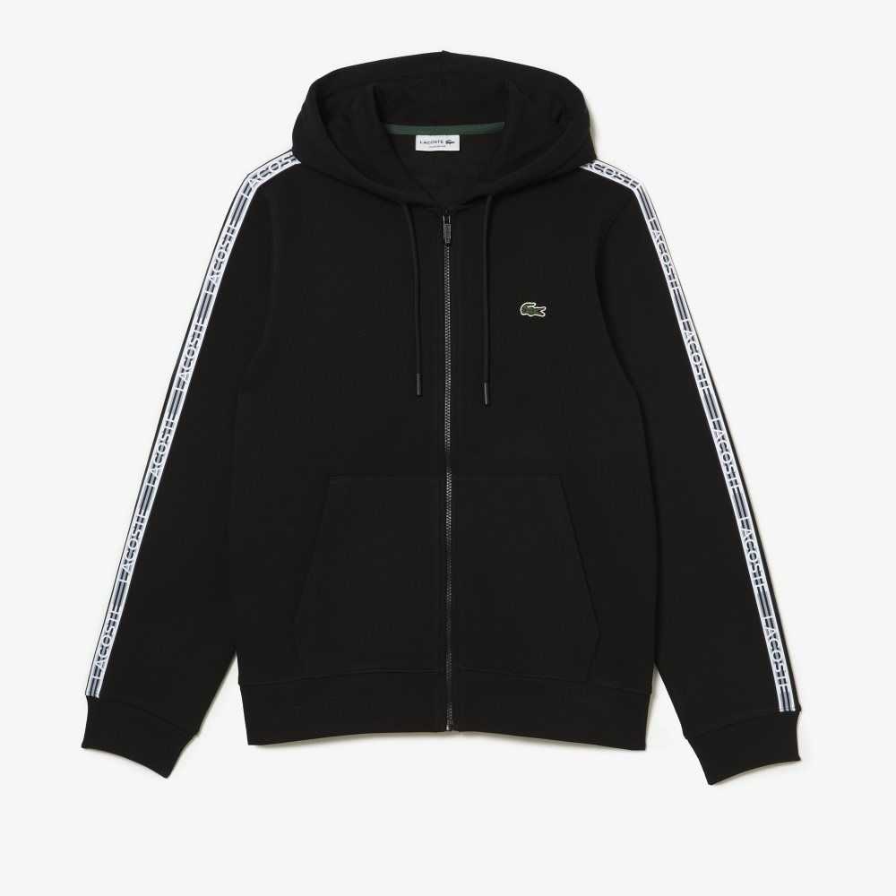 Lacoste Classic Fit Zipped Hoodie with Brand Stripes Svarte | 8160-INZOC