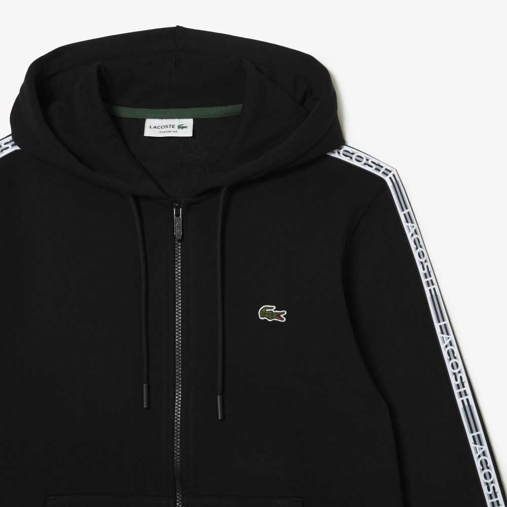 Lacoste Classic Fit Zipped Hoodie with Brand Stripes Svarte | 8160-INZOC