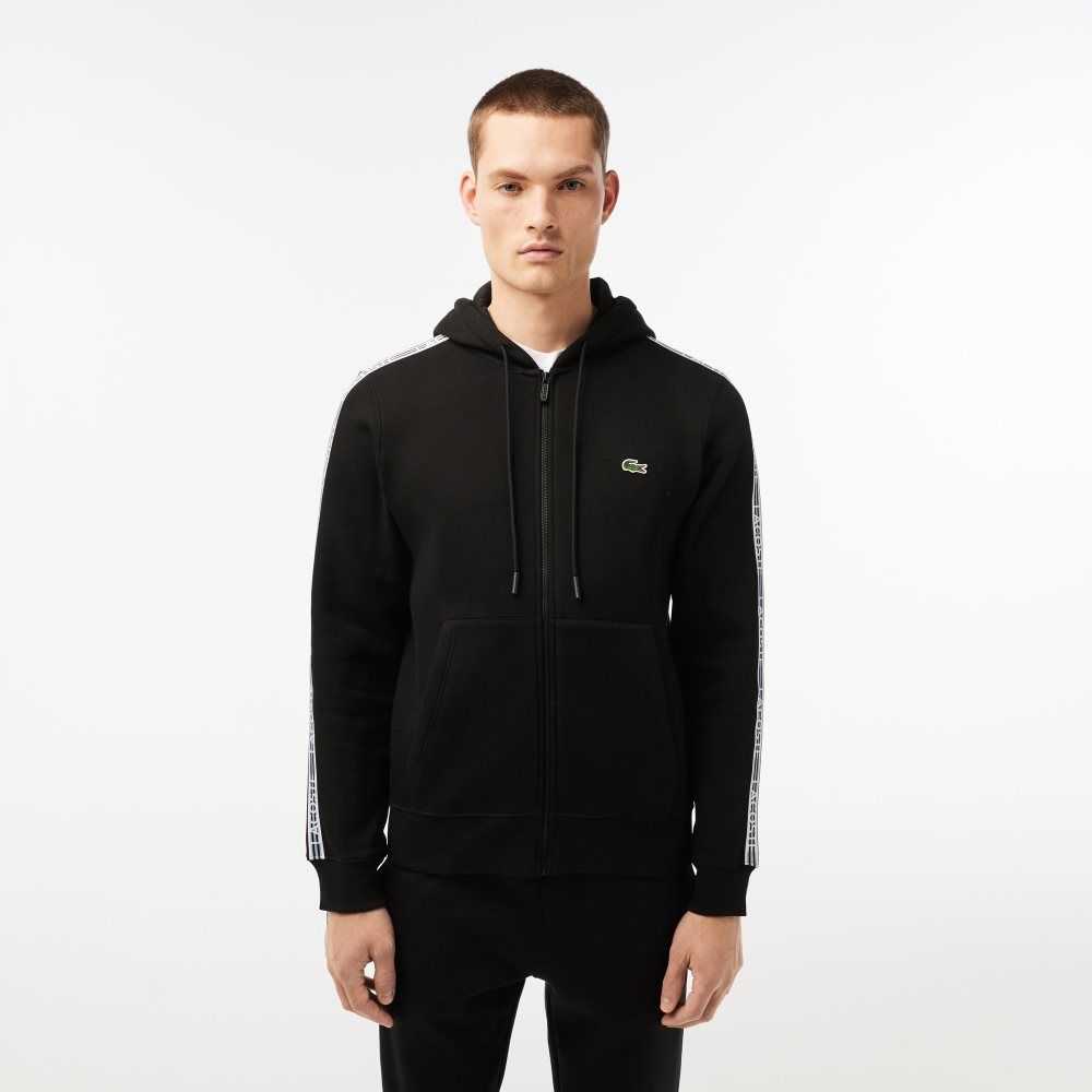 Lacoste Classic Fit Zipped Hoodie with Brand Stripes Svarte | 8160-INZOC