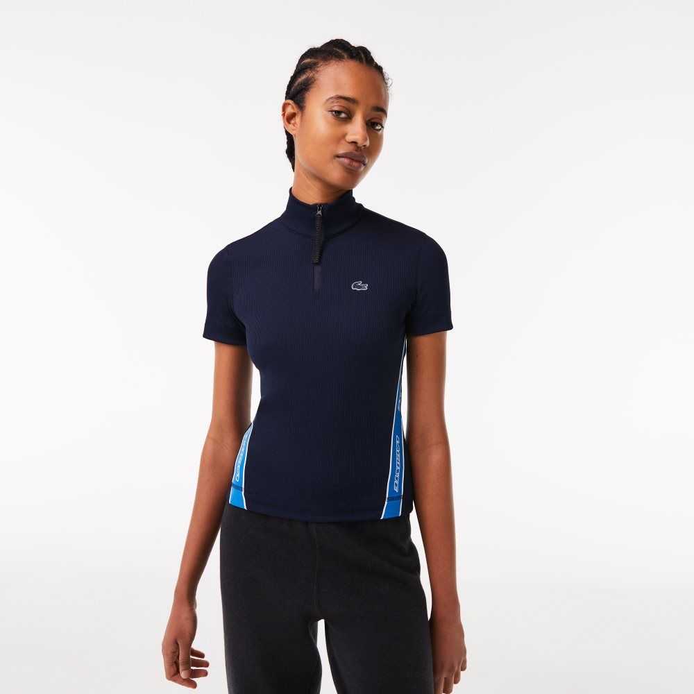 Lacoste Contrast Bands Zip Neck Marineblå Blå | 7683-MBNFE