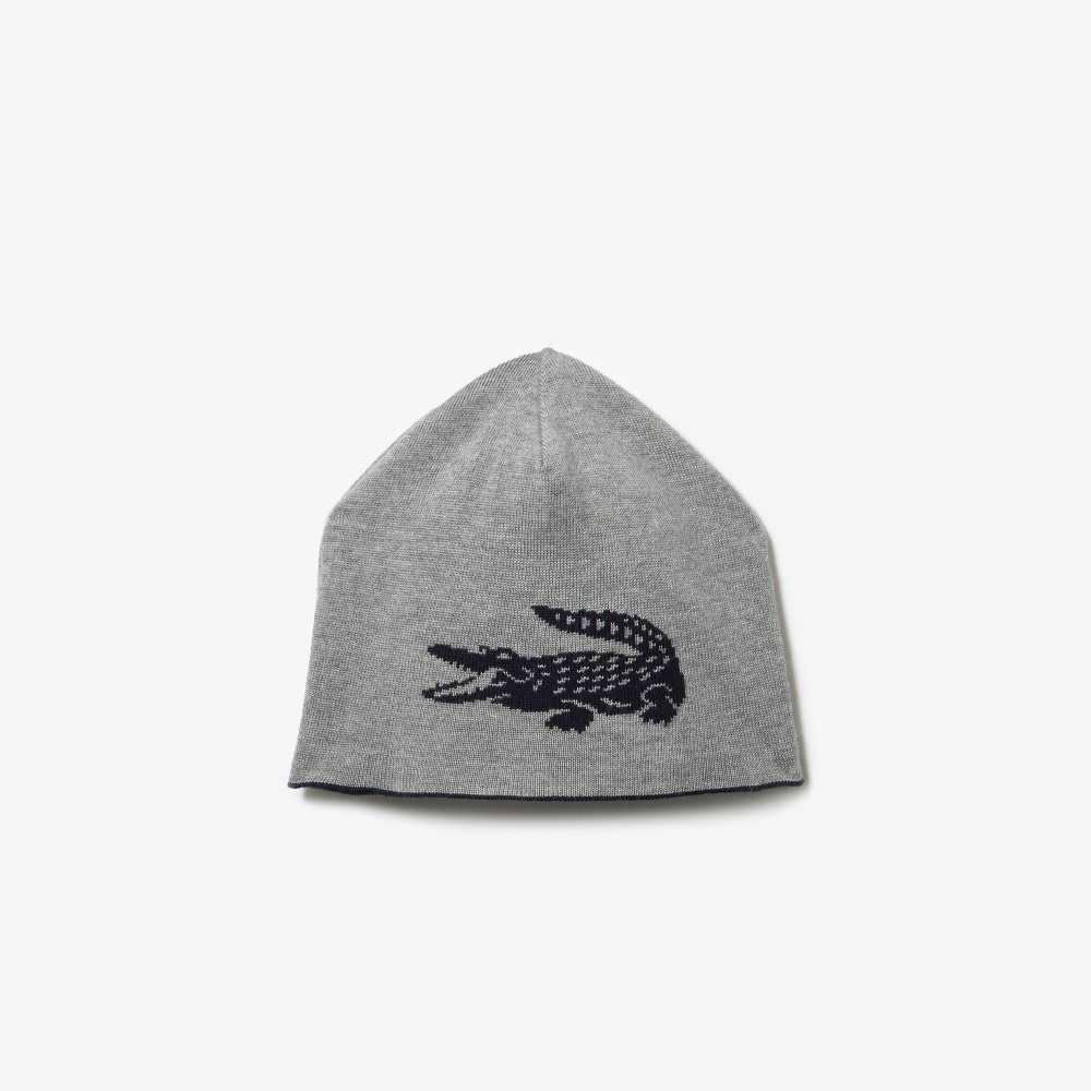 Lacoste Contrast Crocodile Reversible Beanie Marineblå Blå Grå | 1085-DZRSN