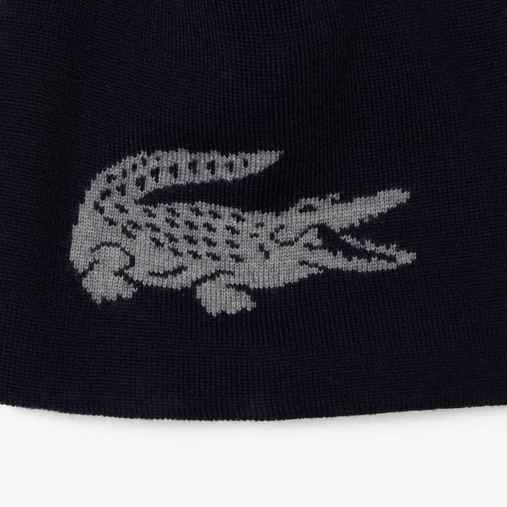 Lacoste Contrast Crocodile Reversible Beanie Marineblå Blå Grå | 1085-DZRSN