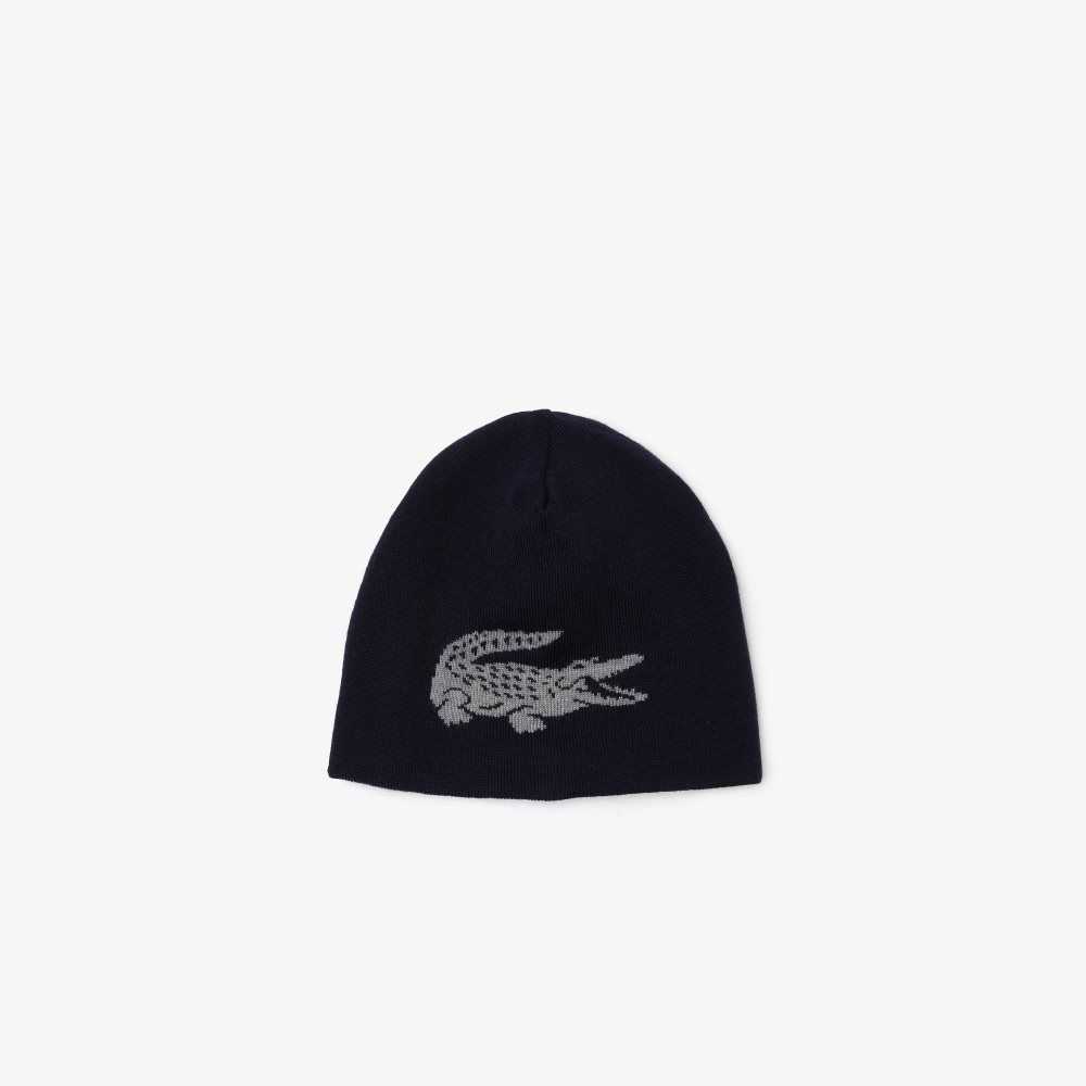 Lacoste Contrast Crocodile Reversible Beanie Marineblå Blå Grå | 1085-DZRSN