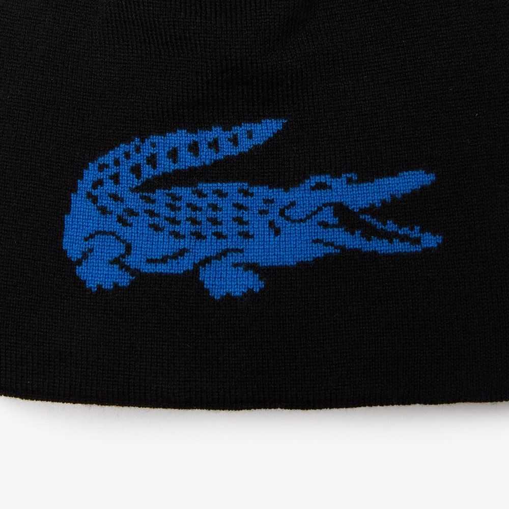 Lacoste Contrast Crocodile Reversible Beanie Svarte Blå | 7318-WGQCI