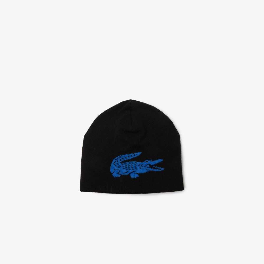 Lacoste Contrast Crocodile Reversible Beanie Svarte Blå | 7318-WGQCI