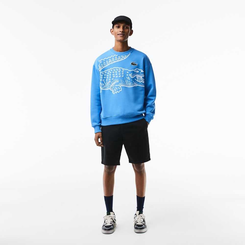 Lacoste Crew Neck Loose Fit Croc Print Blå | 1847-JCIXA