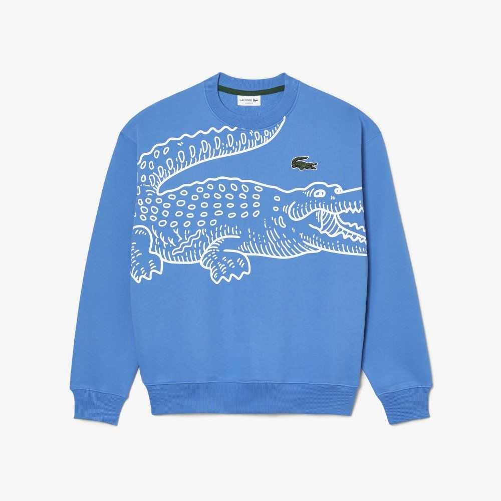 Lacoste Crew Neck Loose Fit Croc Print Blå | 1847-JCIXA